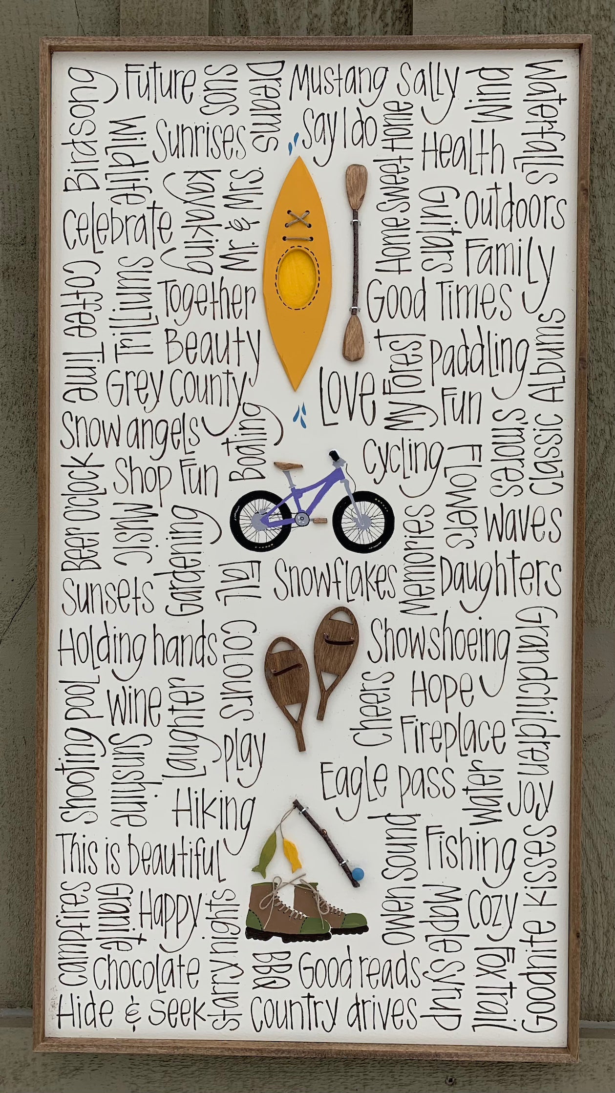 kayak, bike, snowshoes, hiking boots